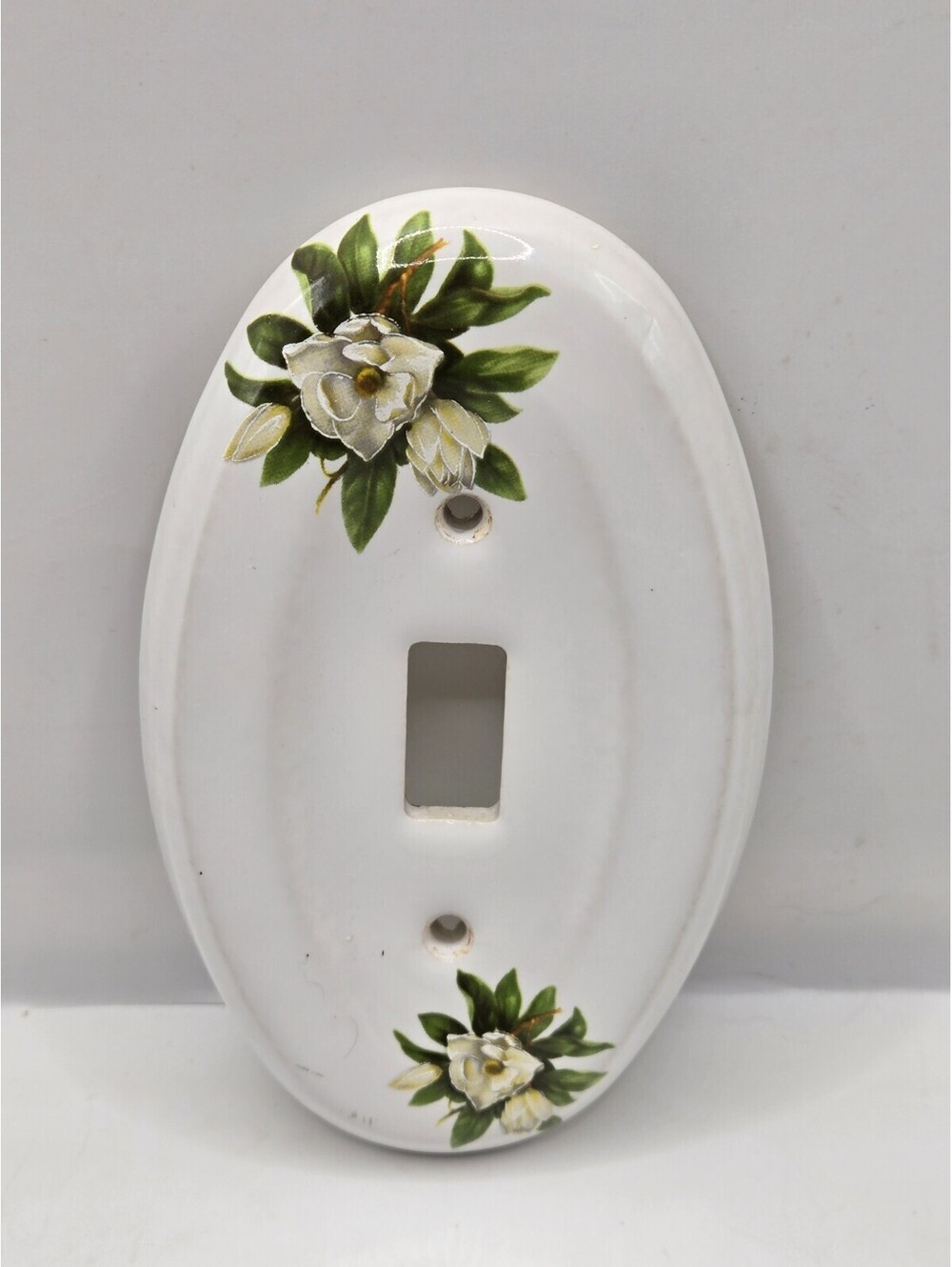 Vintage Ceramic Oval Light Switch Plate Cover White Magnolia Floral Single